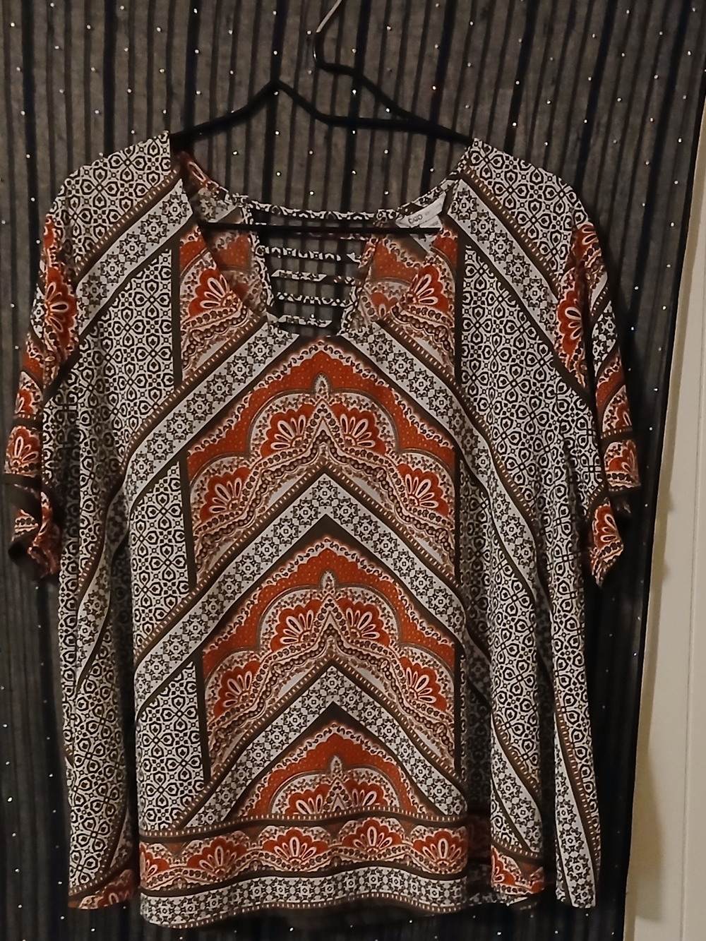 Cato Geometric Ladder-Accent Short Sleeve Blouse